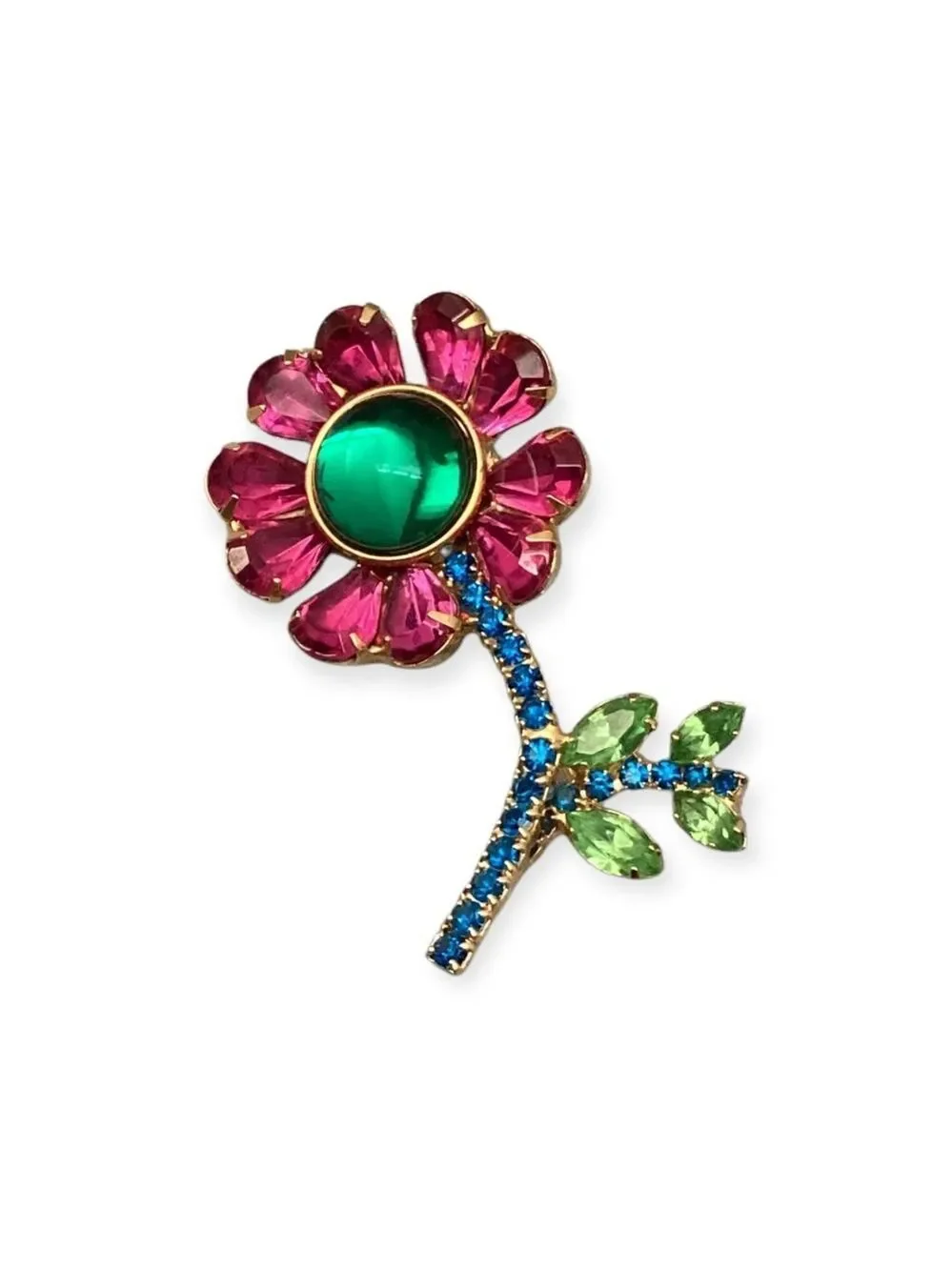 Flower Brooch Pin Pink Green Crystal Deco 0812
